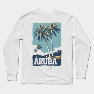 A Vintage Travel Illustration of Aruba Long Sleeve T-Shirt